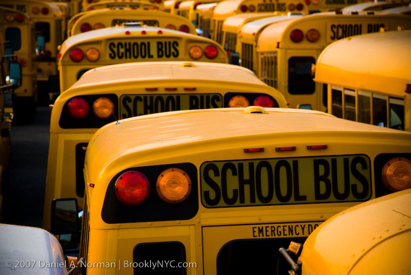 A Yellow school Bus Yard in Coney Island. Brooklyn, New York.